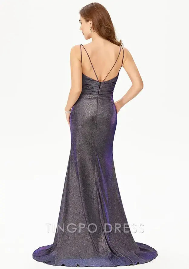 TingPo Wholesale Elegant Trumpet/Mermaid Sweetheart Sleeveless Jersey Sweep Train Prom Dress With Split Pleated
